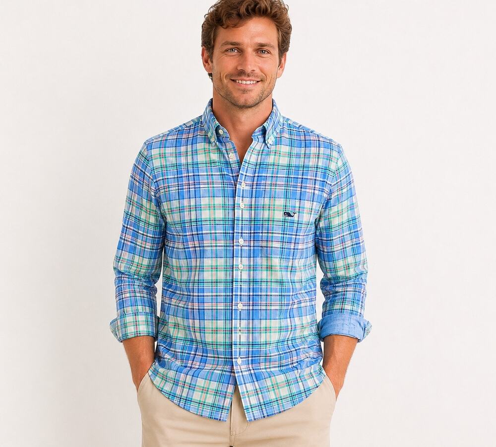 Vineyard Vines Tucker Shirt Medium Blue Plaid Whale Logo Coastal Preppy